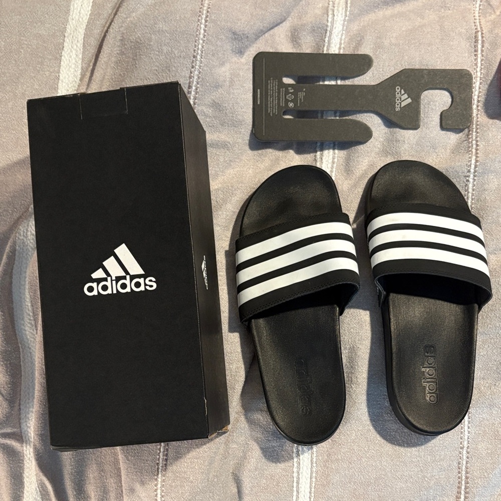 Adidas Women’s Black Slides with White Stripes Adilette Comfort